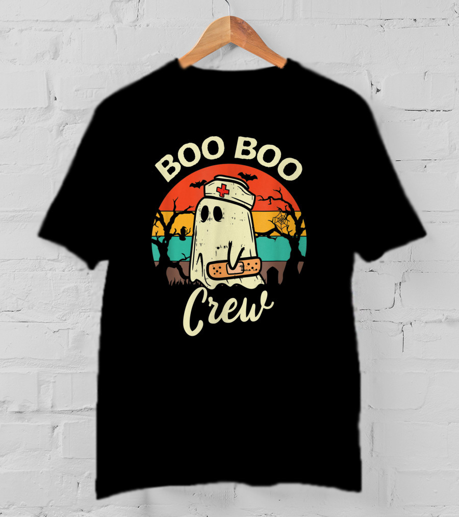 Boo Boo Crew Funny Nurse Ghost Halloween With Bats And Bandage T-Shirt