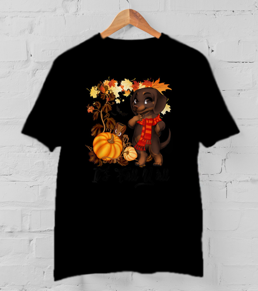 It's Fall Y'all Dachshund With Pumpkins And Autumn Leaves T-Shirt