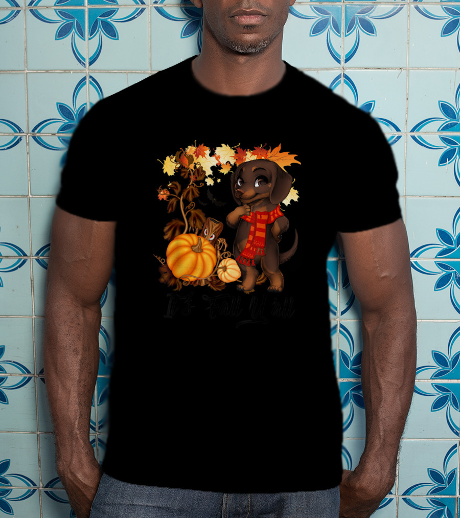 It's Fall Y'all Dachshund With Pumpkins And Autumn Leaves T-Shirt