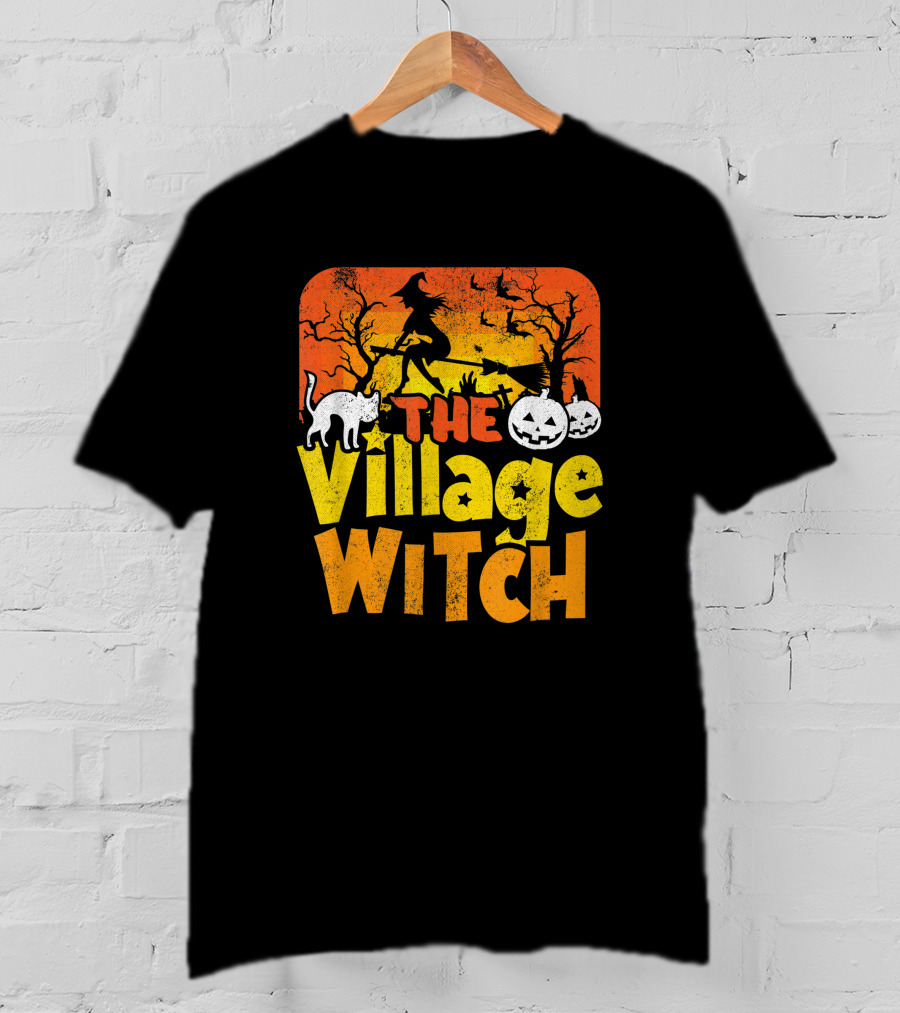 The Village Witch Funny Halloween Witch Pumpkin Cat Moon Scene T-Shirt