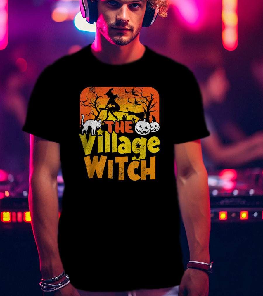 The Village Witch Funny Halloween Witch Pumpkin Cat Moon Scene T-Shirt