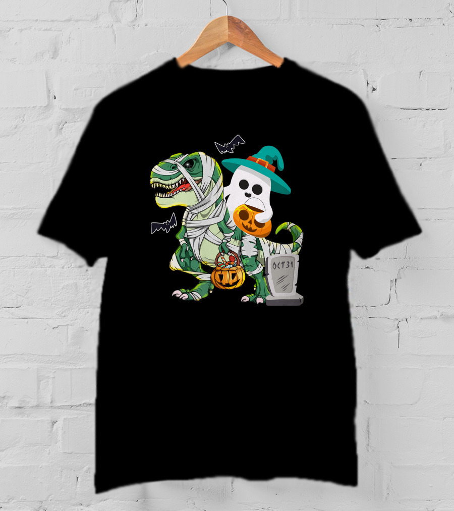 Ghostly Mummy Dinosaur With Pumpkin Candy And Oct 31 Tombstone T-Shirt