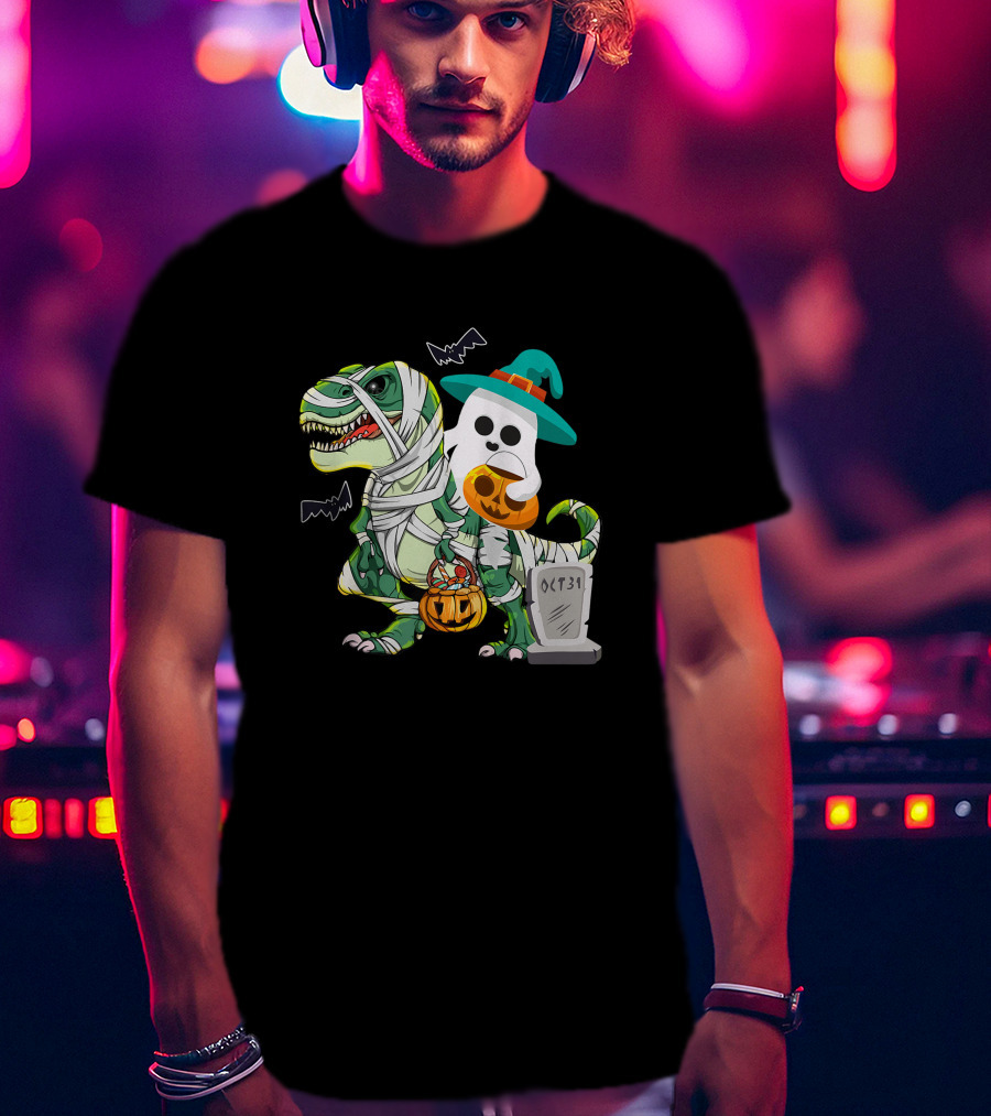 Ghostly Mummy Dinosaur With Pumpkin Candy And Oct 31 Tombstone T-Shirt