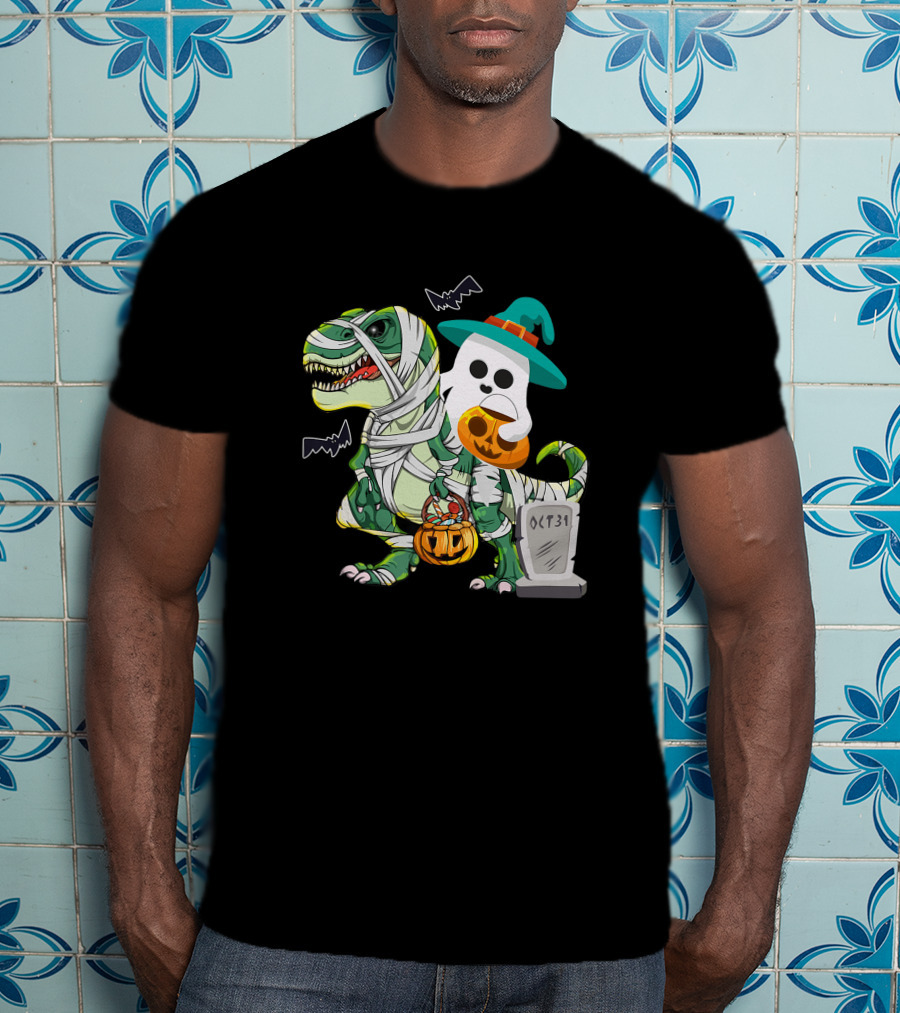 Ghostly Mummy Dinosaur With Pumpkin Candy And Oct 31 Tombstone T-Shirt