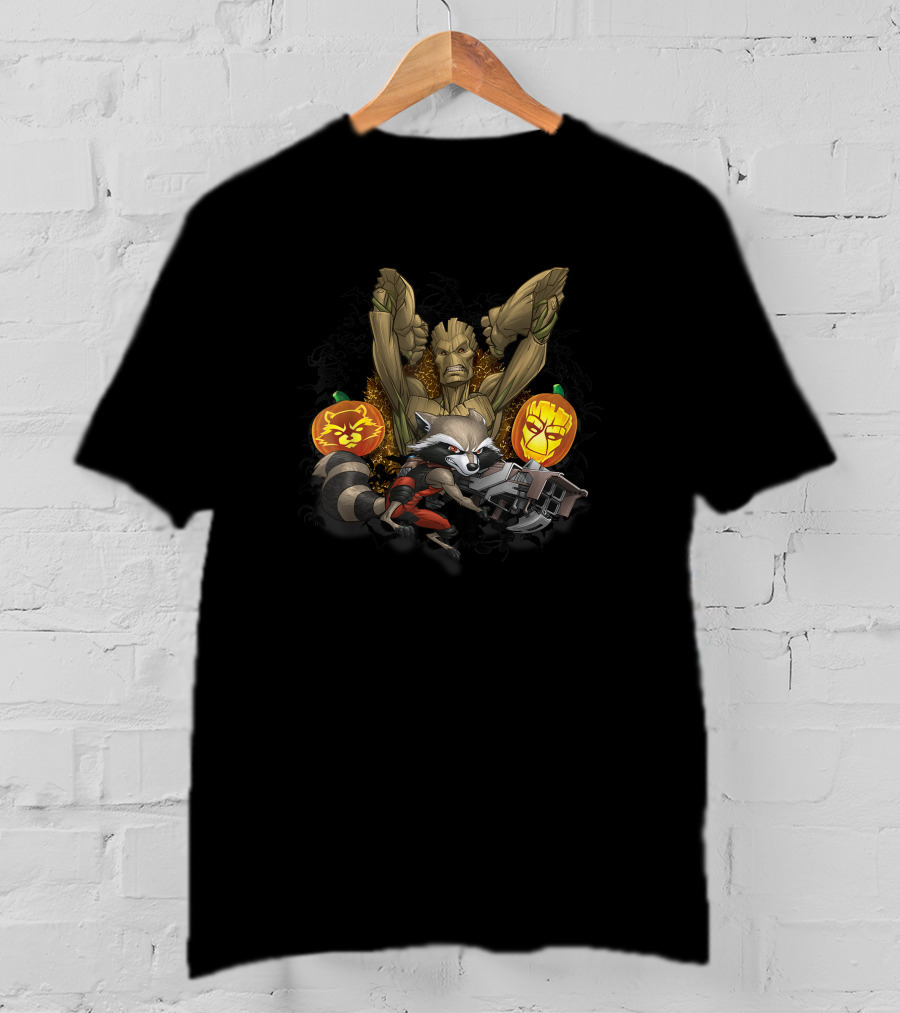 Marvel Groot And Rocket Raccoon Halloween Jack O' Lantern Pumpkins T-Shirt