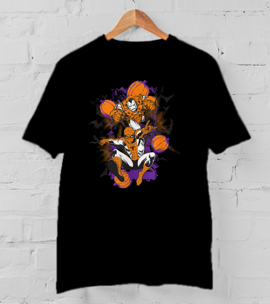 Marvel Spider-Man And Iron Man With Halloween Pumpkins T-Shirt