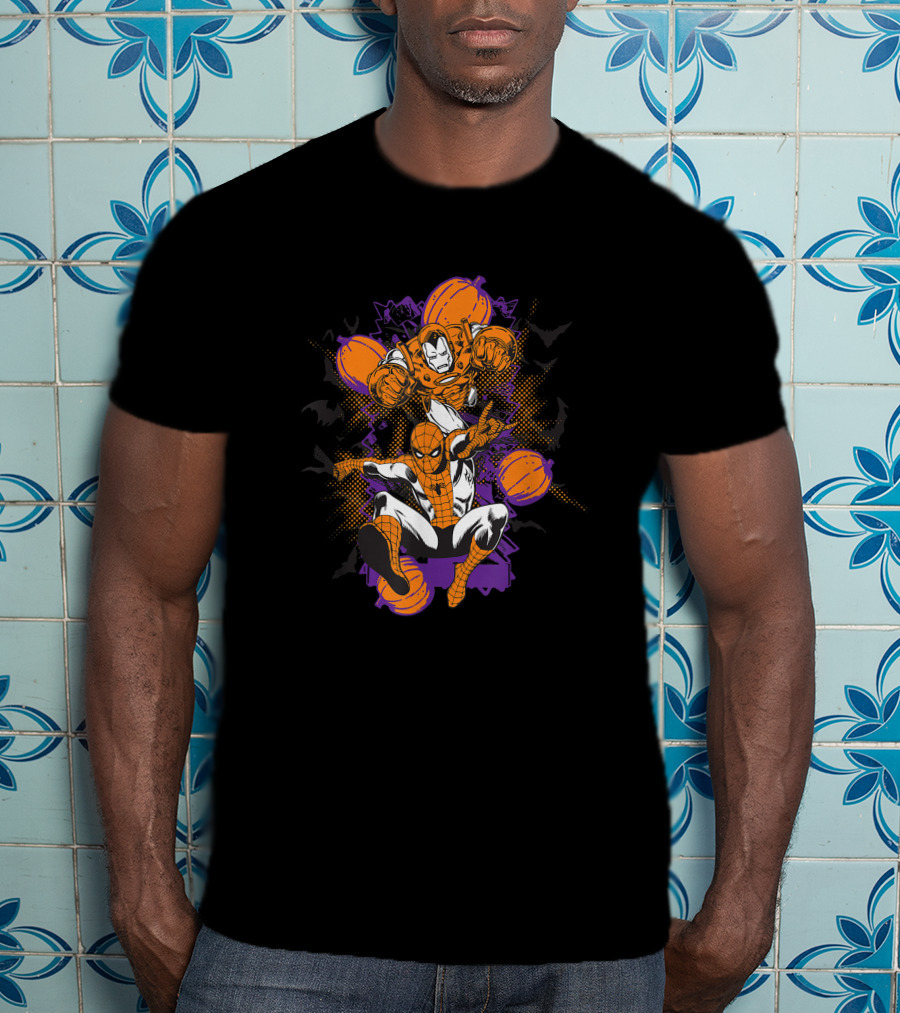Marvel Spider-Man And Iron Man With Halloween Pumpkins T-Shirt