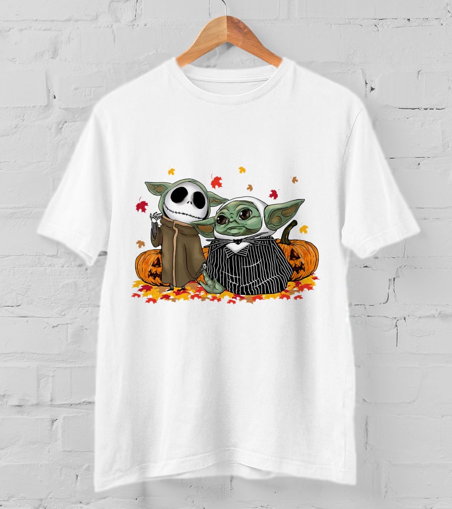 Baby Yoda And Jack Skellington In Halloween Pumpkin Scene T-Shirt