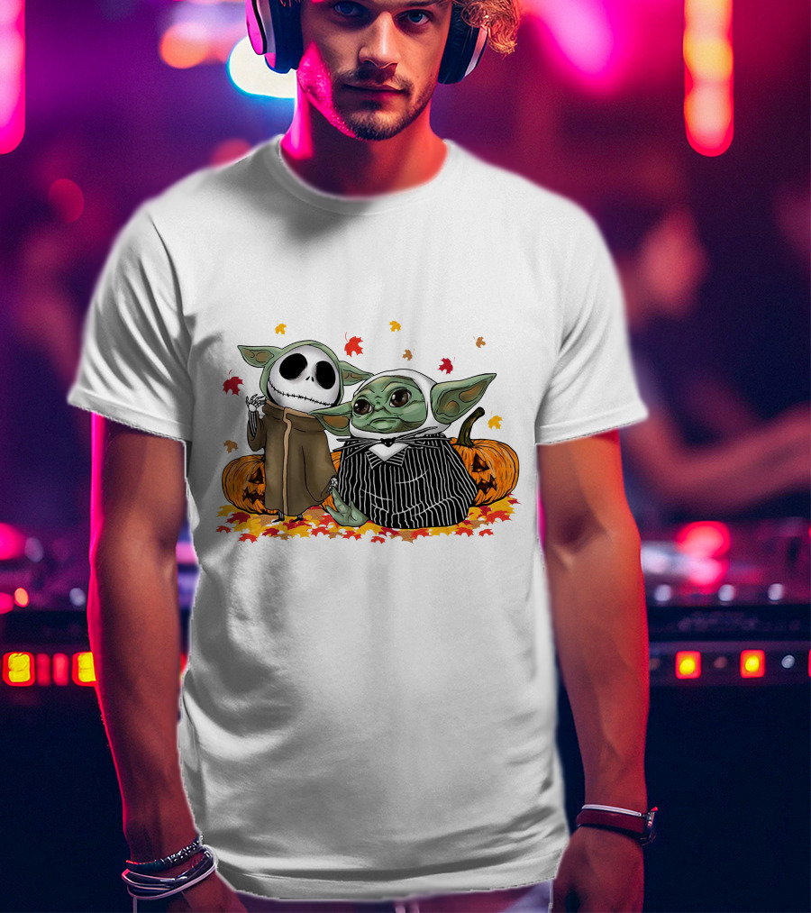 Baby Yoda And Jack Skellington In Halloween Pumpkin Scene T-Shirt