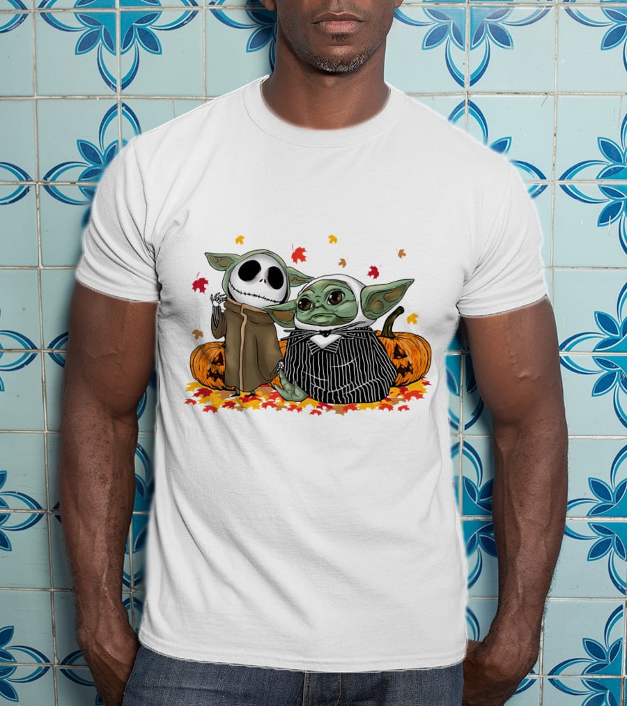 Baby Yoda And Jack Skellington In Halloween Pumpkin Scene T-Shirt