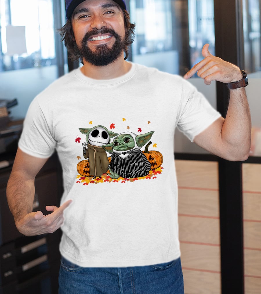 Baby Yoda And Jack Skellington In Halloween Pumpkin Scene T-Shirt