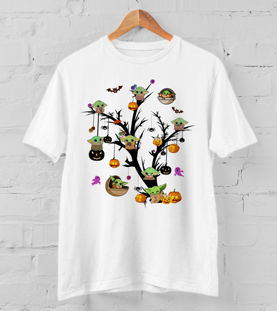 Spooky Halloween Baby Yoda Tree With Pumpkins And Bats T-Shirt