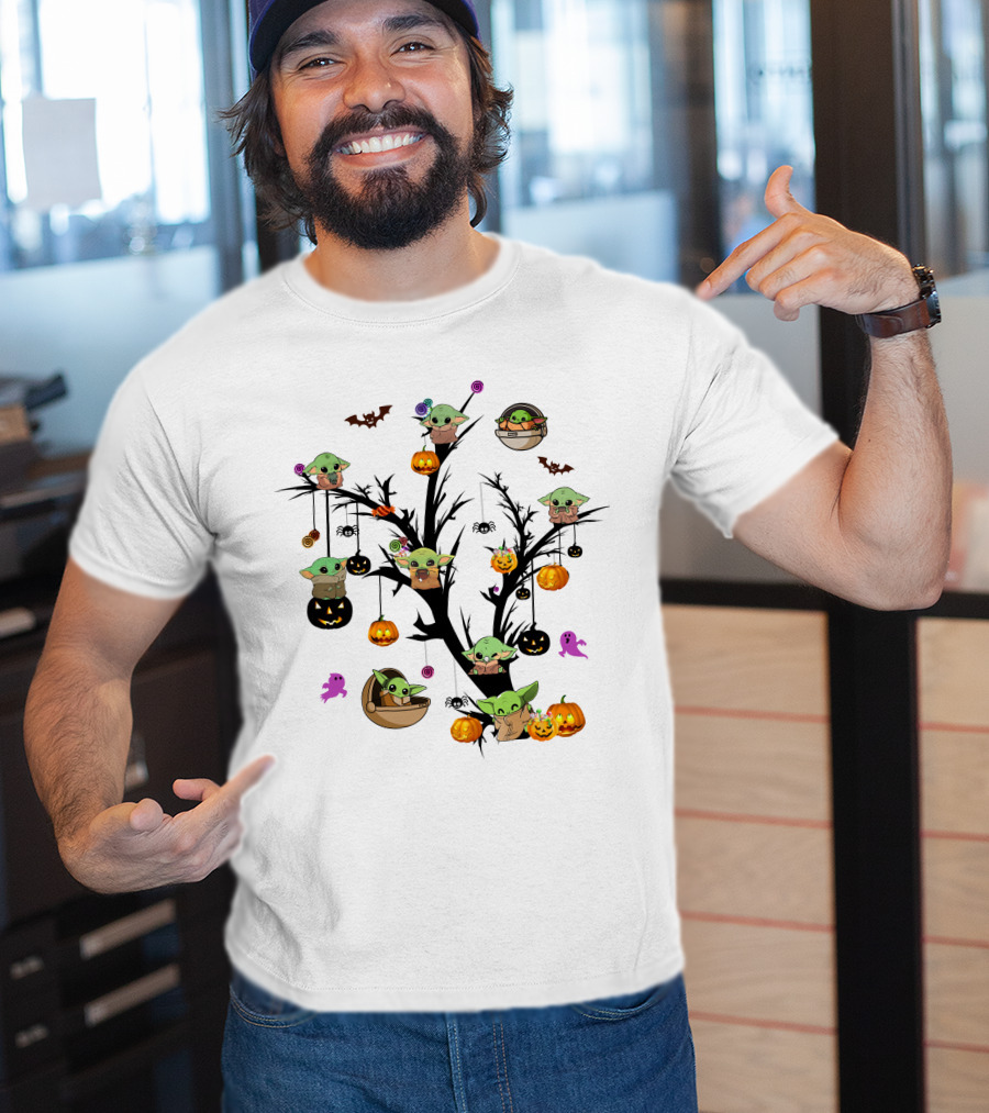 Spooky Halloween Baby Yoda Tree With Pumpkins And Bats T-Shirt