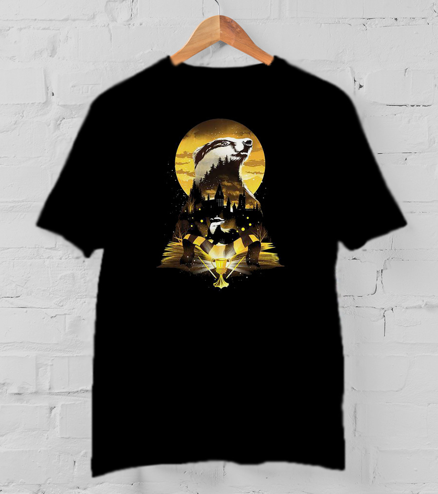Hufflepuff Badger Hogwarts Skyline With Cup And Scarf T-Shirt