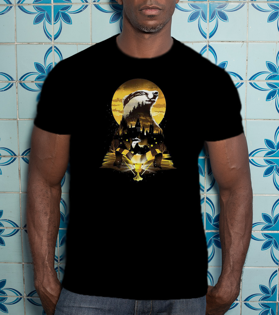 Hufflepuff Badger Hogwarts Skyline With Cup And Scarf T-Shirt
