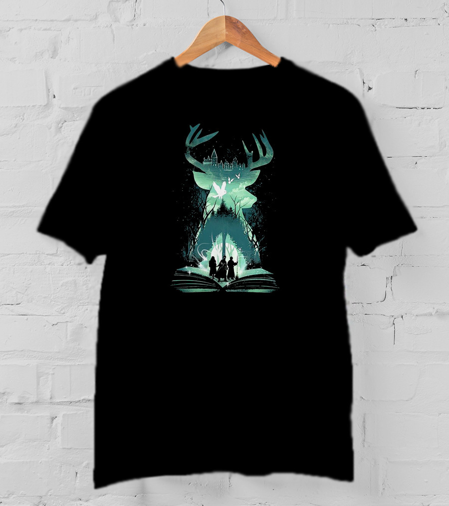 Witchcraft And Wizardry Magical Stag With Castle Silhouette And Book Portal T-Shirt