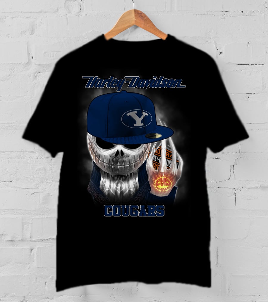 Harley Davidson Cougars Skull Wearing Byu Hat With Pumpkin And Logo Elements T-Shirt