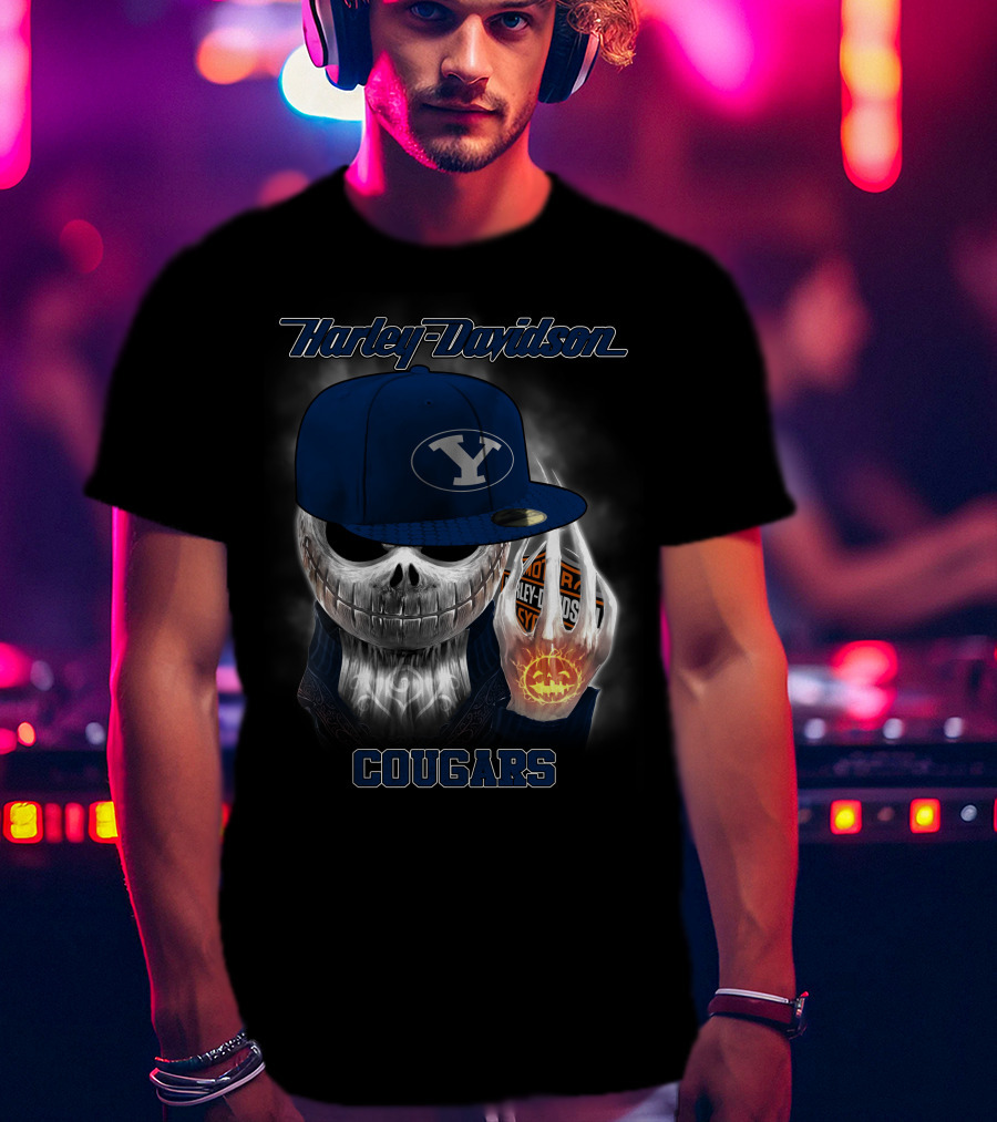 Harley Davidson Cougars Skull Wearing Byu Hat With Pumpkin And Logo Elements T-Shirt
