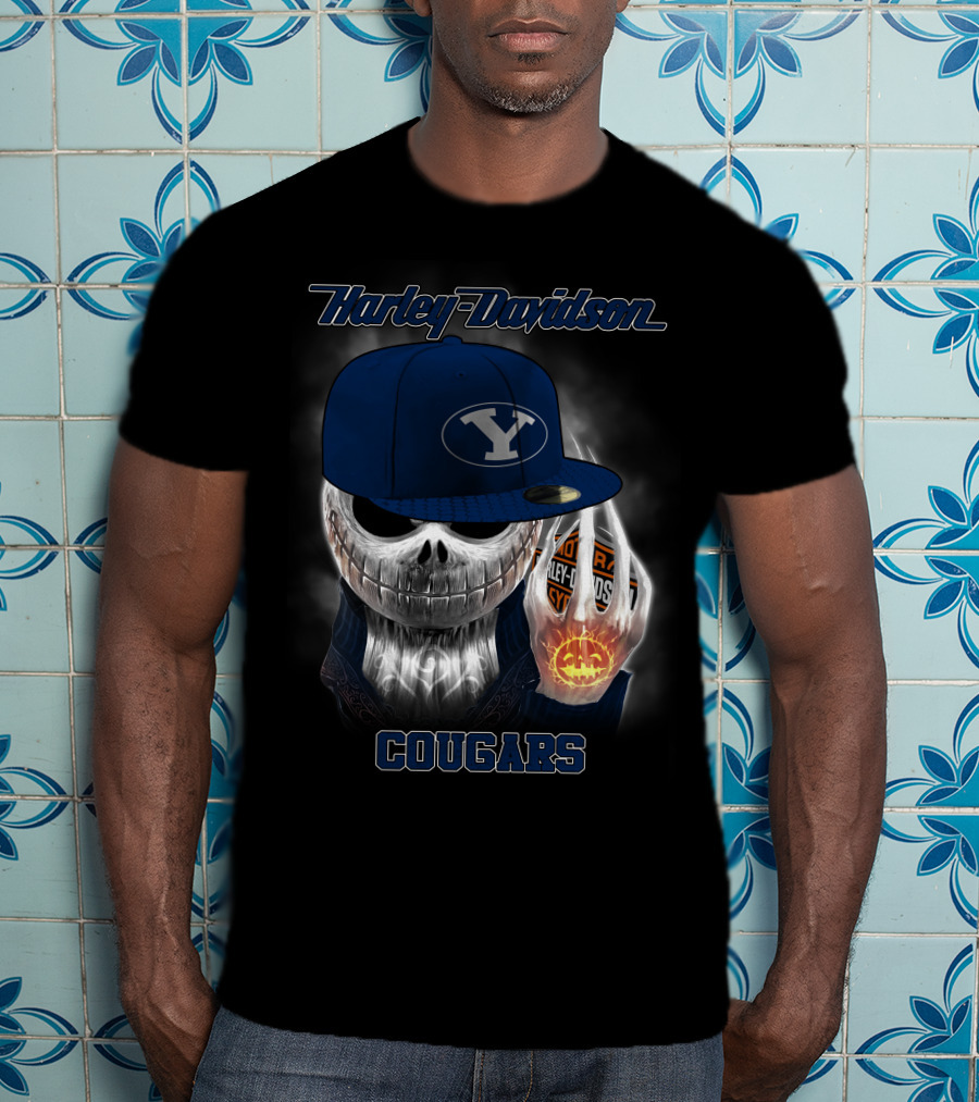 Harley Davidson Cougars Skull Wearing Byu Hat With Pumpkin And Logo Elements T-Shirt
