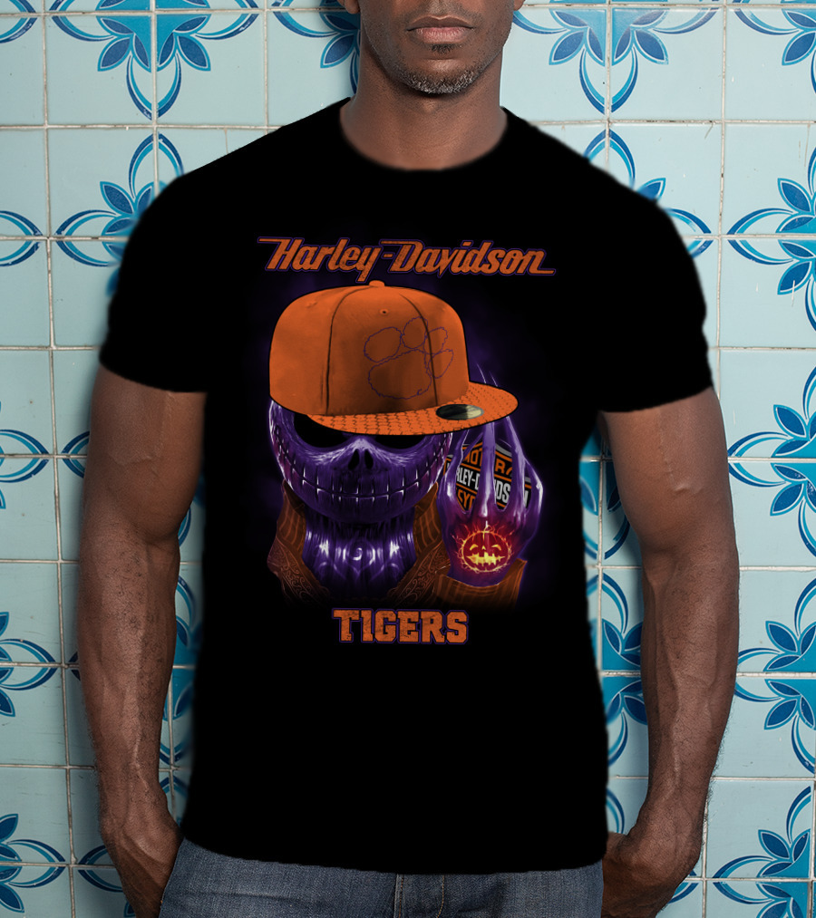 Harley Davidson Tigers Skull In Clemson Cap T-Shirt