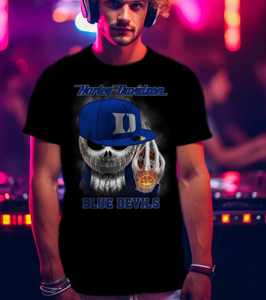 Harley Davidson Skull With Blue Devils Hat And Duke D T-Shirt