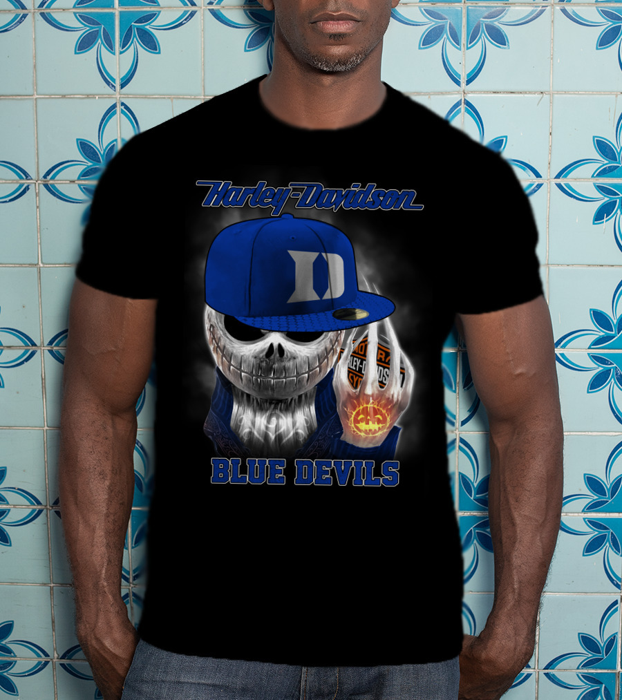 Harley Davidson Skull With Blue Devils Hat And Duke D T-Shirt