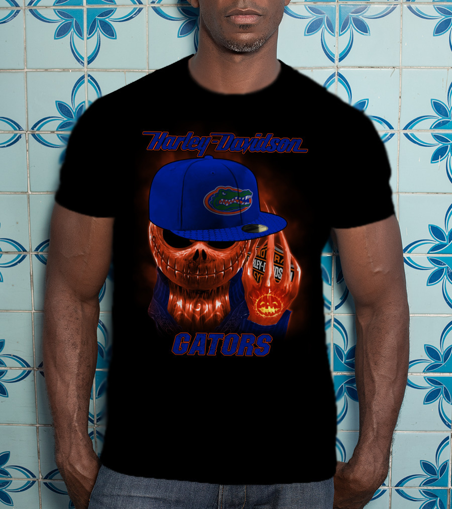 Harley Davidson Halloween Skull With Florida Gators Hat T-Shirt