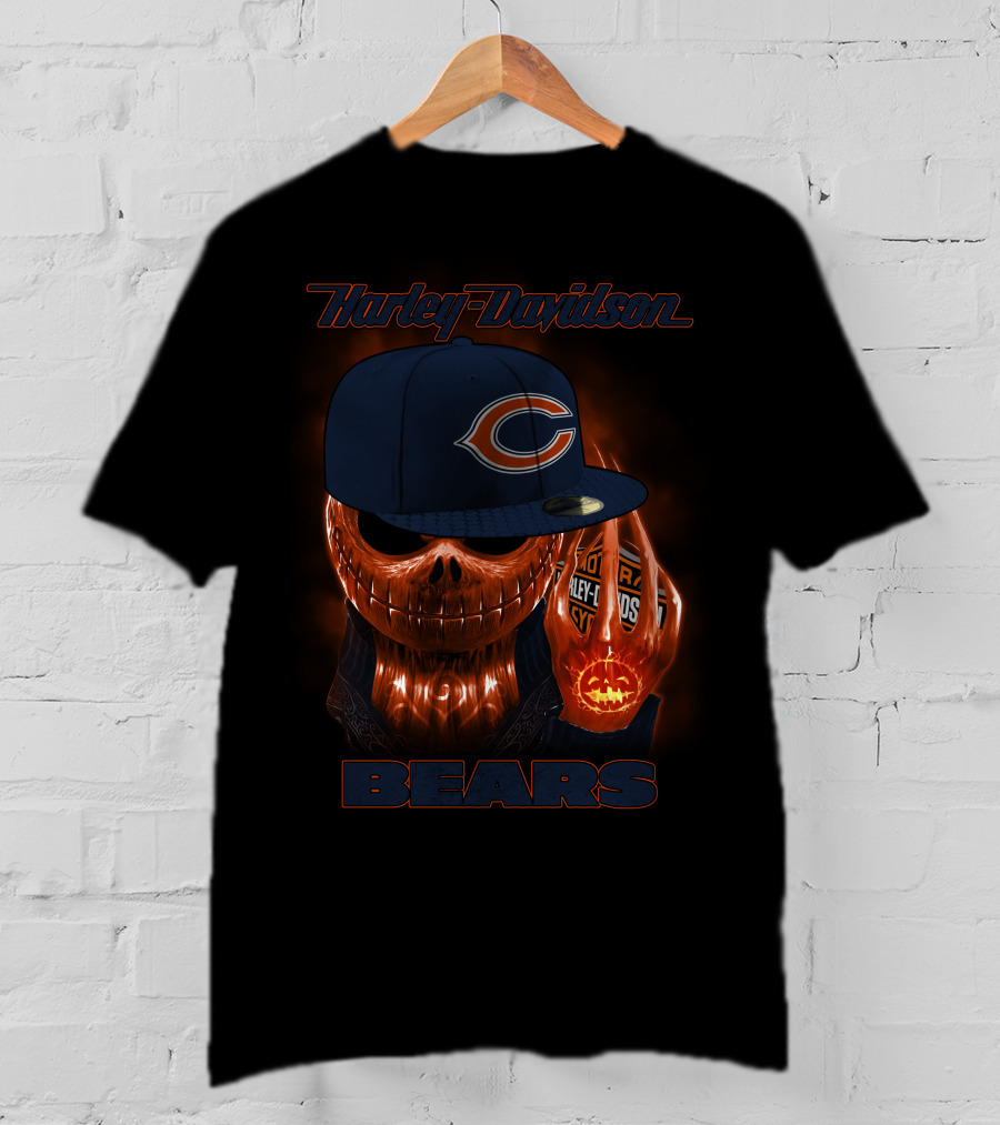 Harley Davidson Chicago Bears Halloween Pumpkin Skull T-Shirt