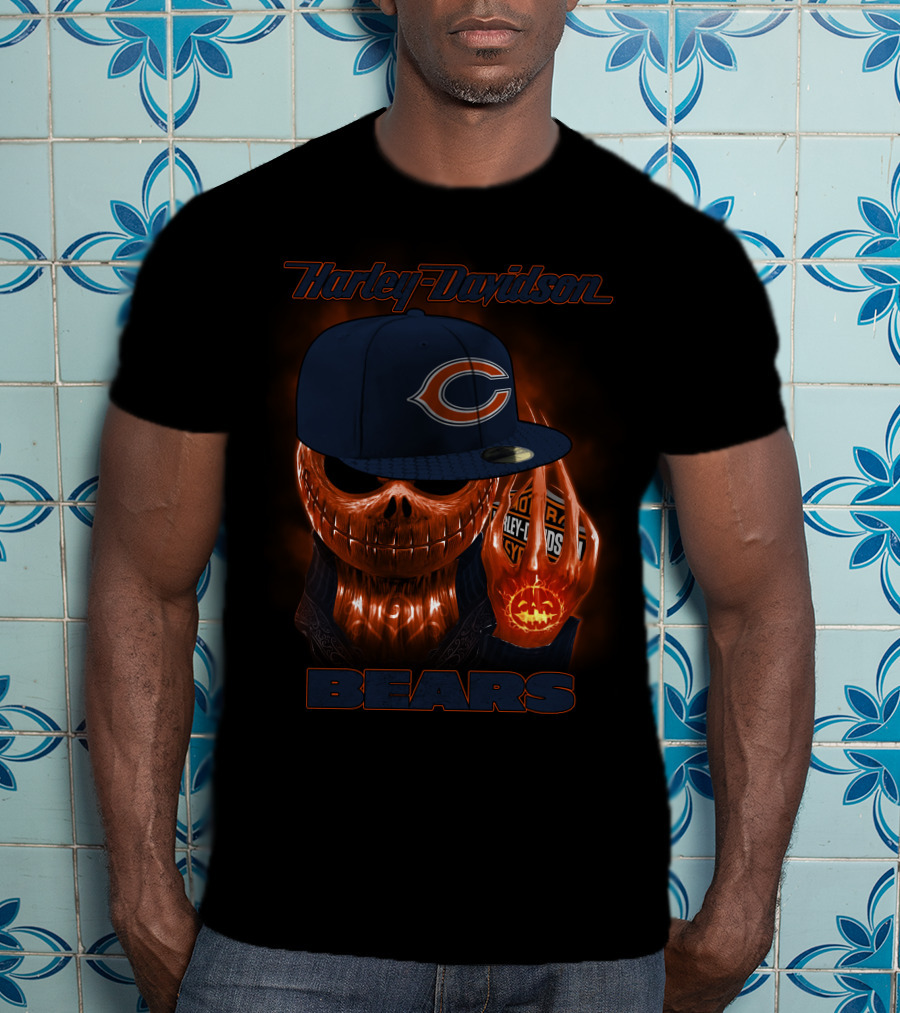 Harley Davidson Chicago Bears Halloween Pumpkin Skull T-Shirt
