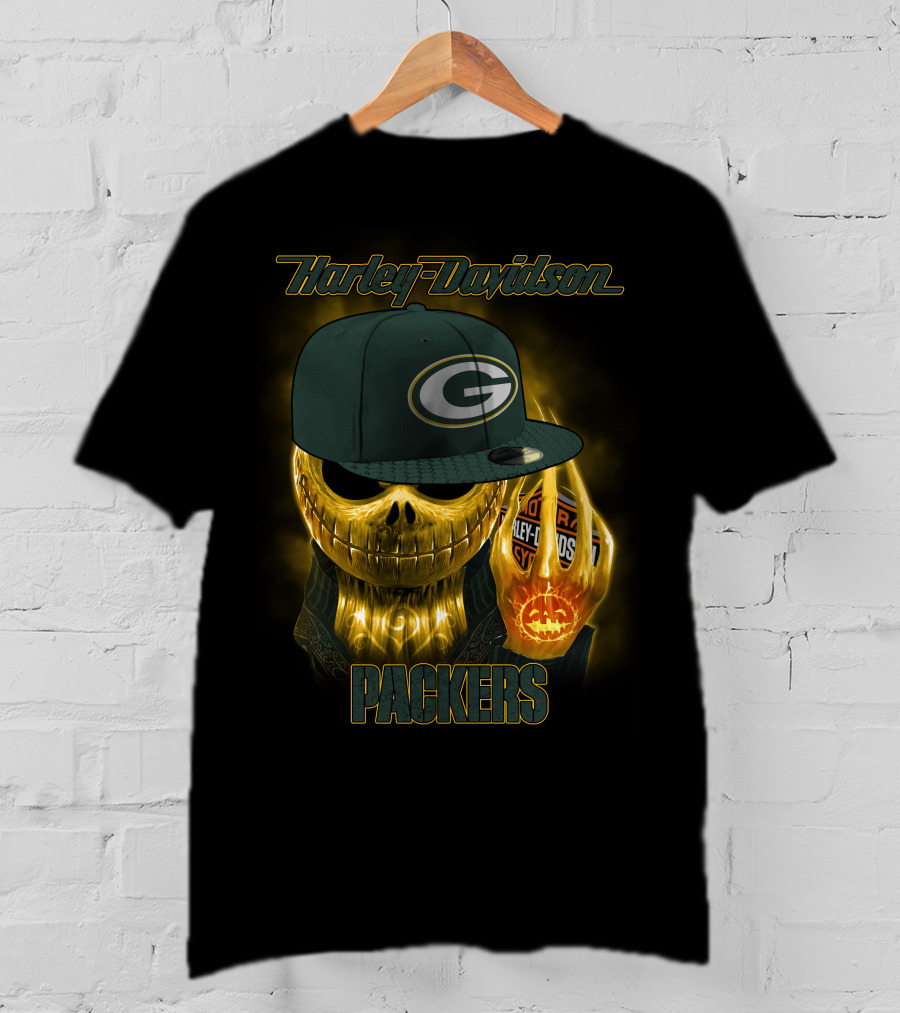 Harley Davidson Green Bay Packers Halloween Skull T-Shirt