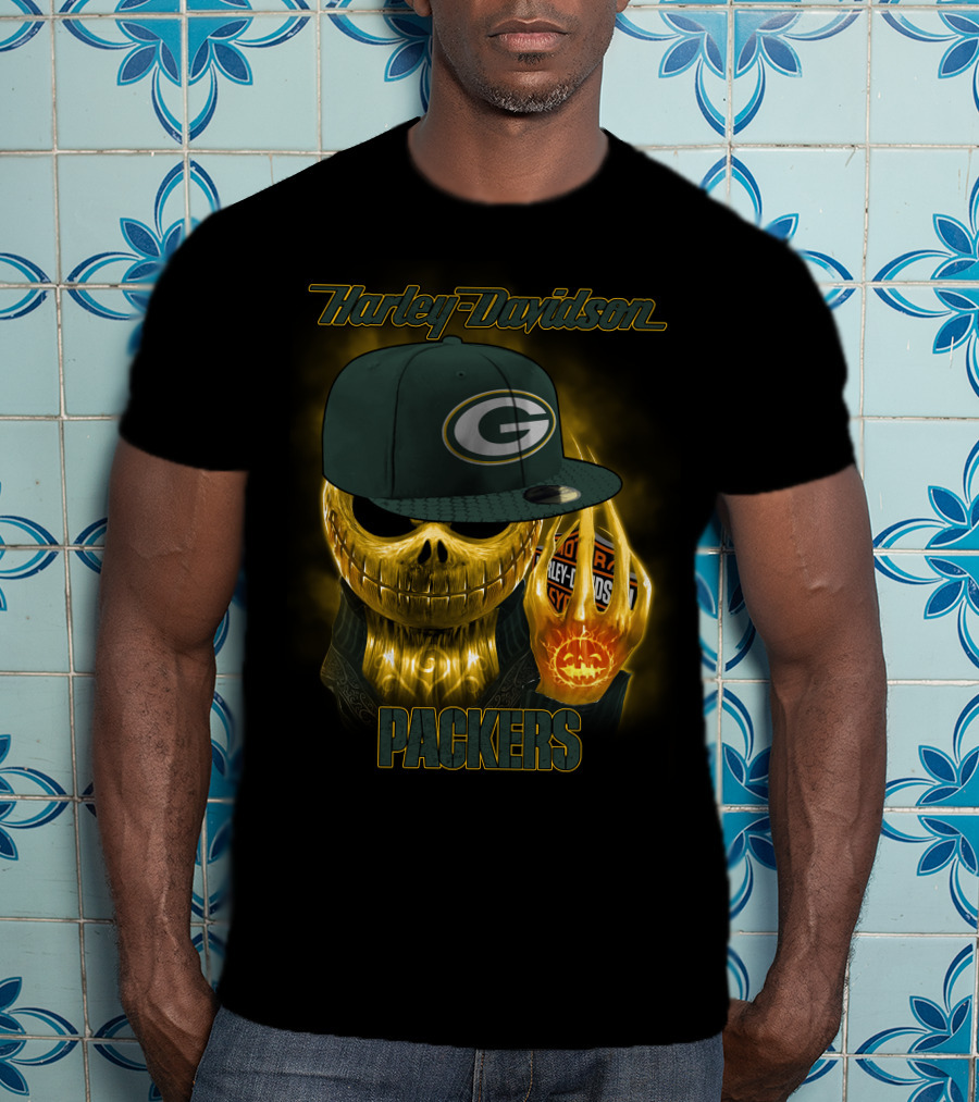 Harley Davidson Green Bay Packers Halloween Skull T-Shirt