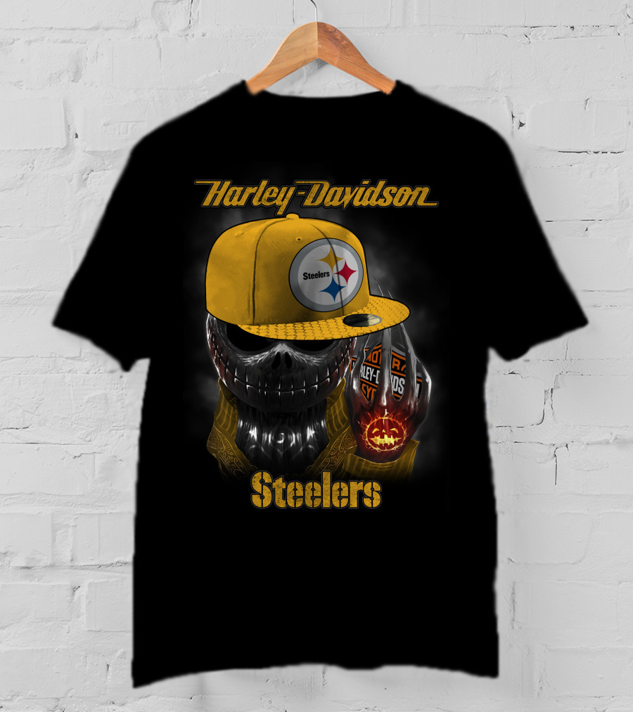 Harley Davidson Steelers Skull With Cap T-Shirt