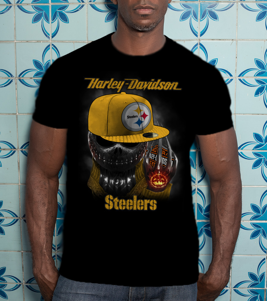 Harley Davidson Steelers Skull With Cap T-Shirt