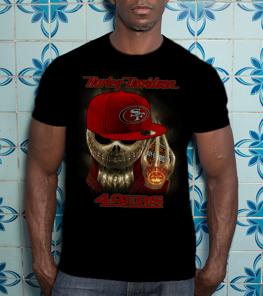 Harley Davidson Skull With San Francisco 49ers Cap T-Shirt