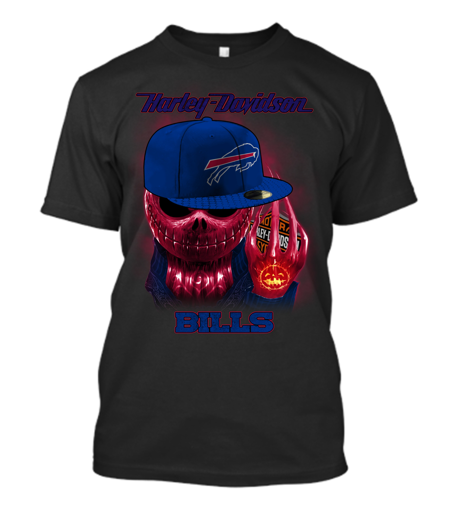 Harley Davidson Buffalo Bills Skeleton With Cap Halloween T-Shirt