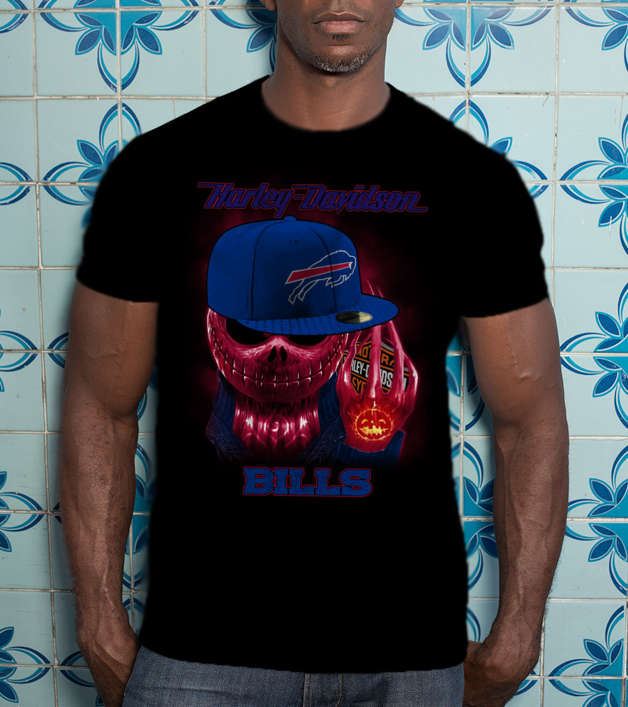 Harley Davidson Buffalo Bills Skeleton With Cap Halloween T-Shirt