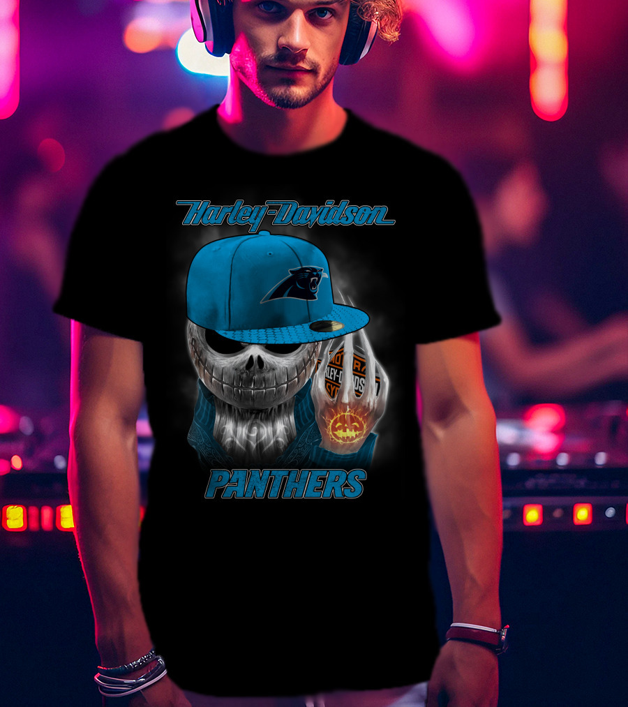 Harley Davidson Carolina Panthers Halloween Skeleton T-Shirt