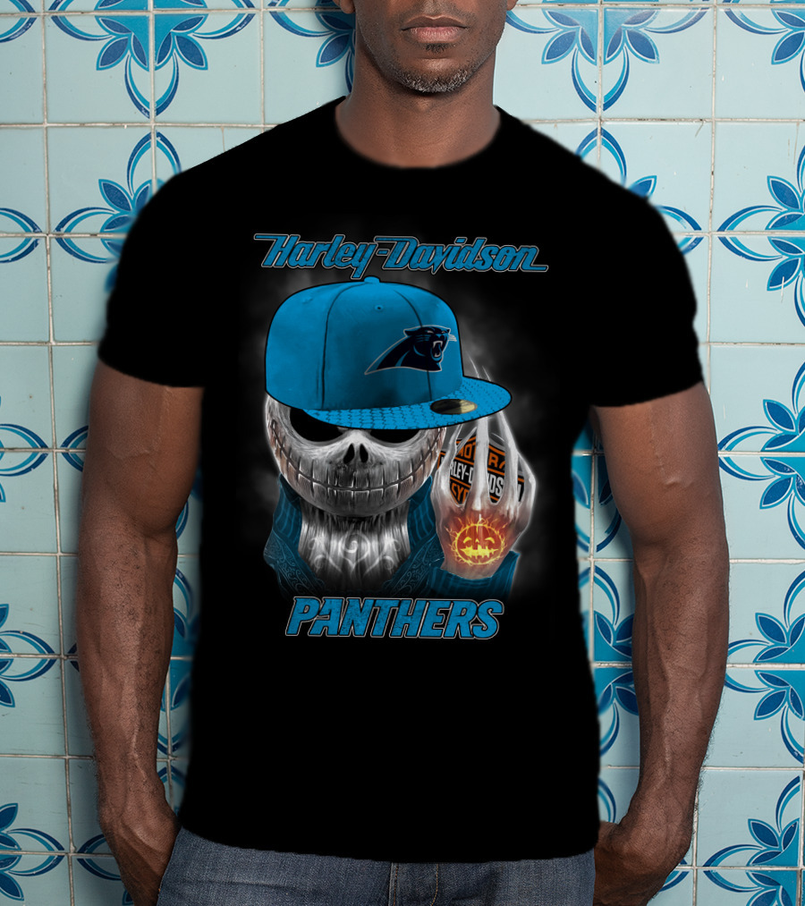 Harley Davidson Carolina Panthers Halloween Skeleton T-Shirt