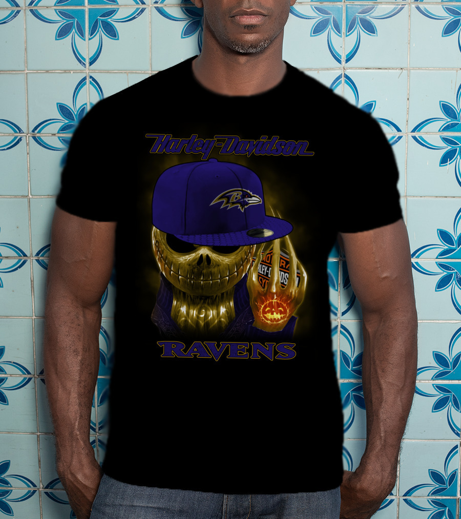 Harley Davidson Ravens Baltimore Skull With Cap T-Shirt
