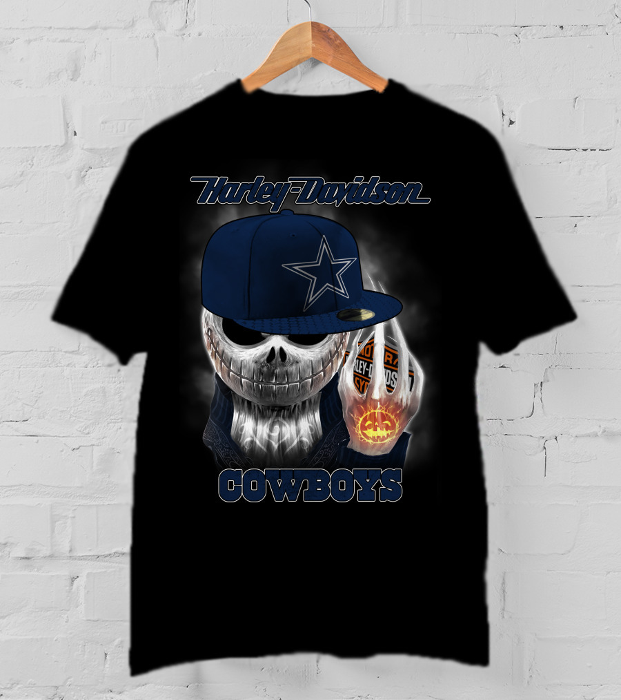 Harley Davidson Cowboys Skull With Dallas Cowboys Cap T-Shirt