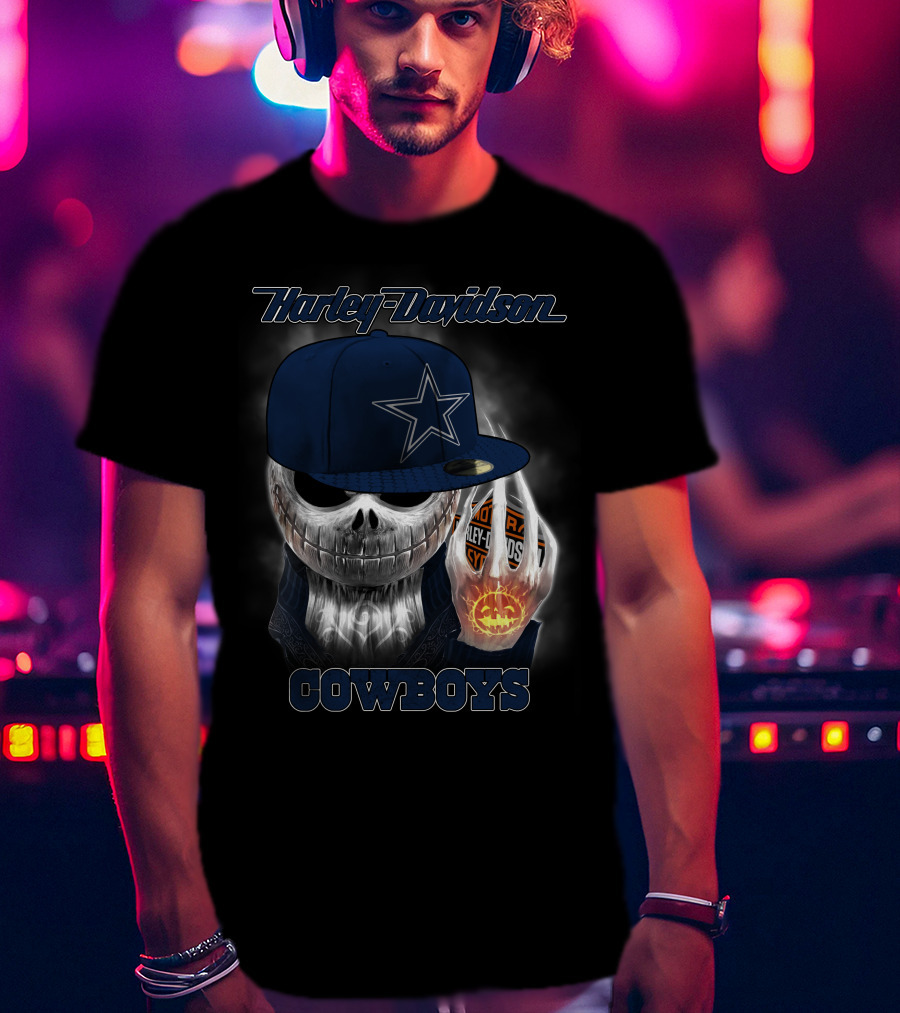 Harley Davidson Cowboys Skull With Dallas Cowboys Cap T-Shirt