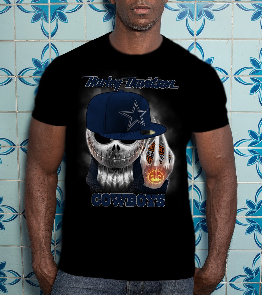 Harley Davidson Cowboys Skull With Dallas Cowboys Cap T-Shirt