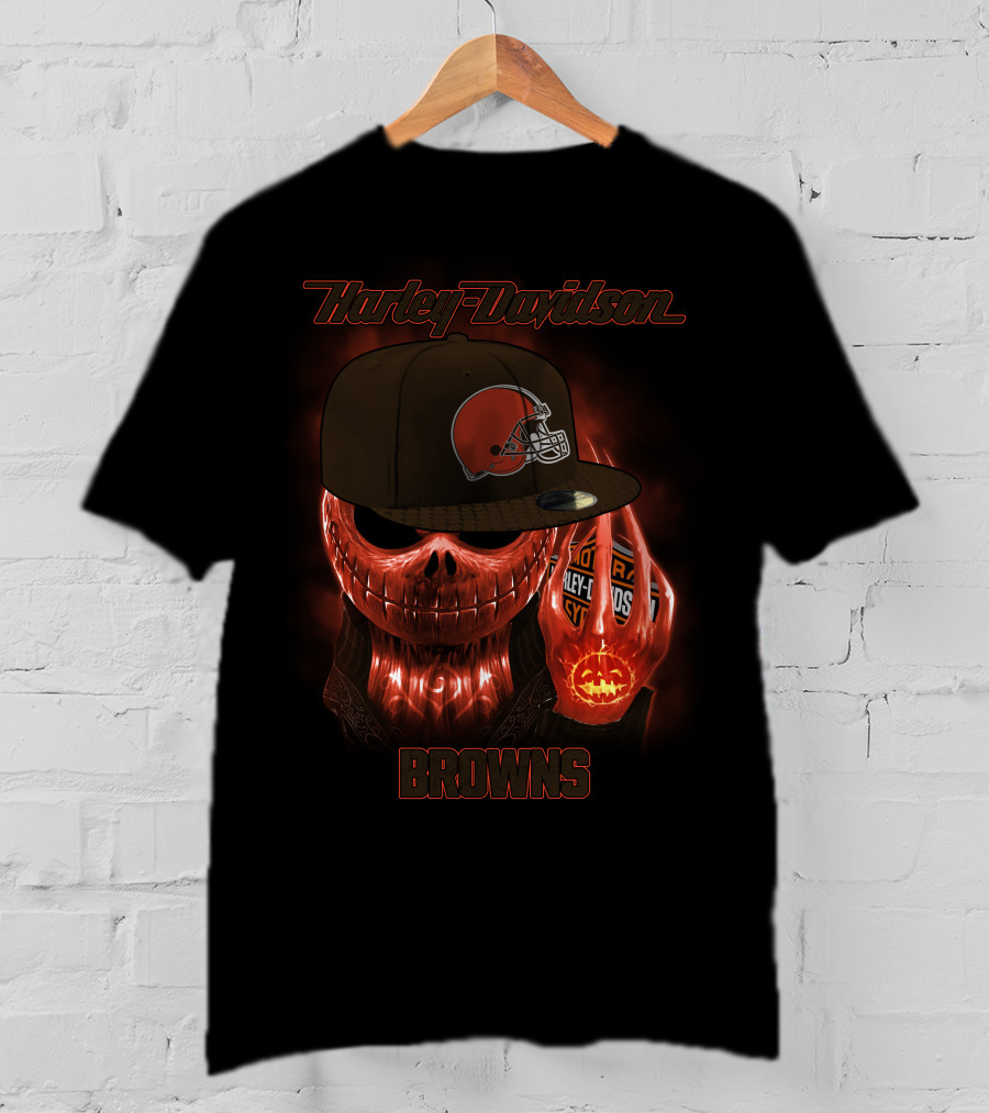 Harley Davidson Cleveland Browns Skeleton With Helmet Cap T-Shirt