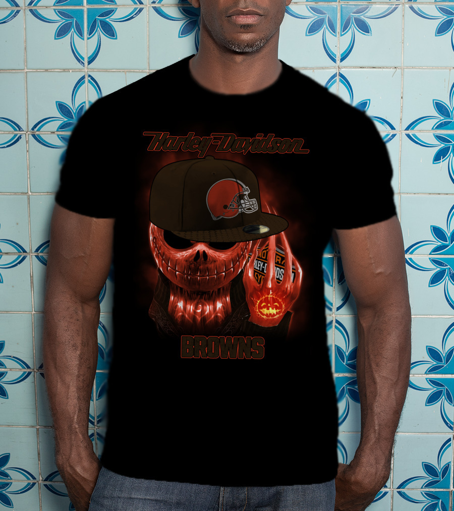 Harley Davidson Cleveland Browns Skeleton With Helmet Cap T-Shirt