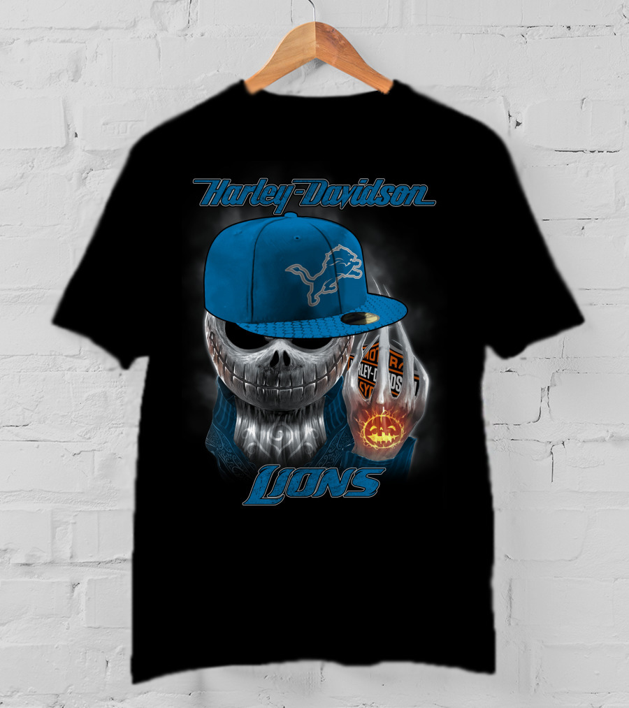 Harley Davidson Detroit Lions Skull With Cap Halloween Pumpkin T-Shirt