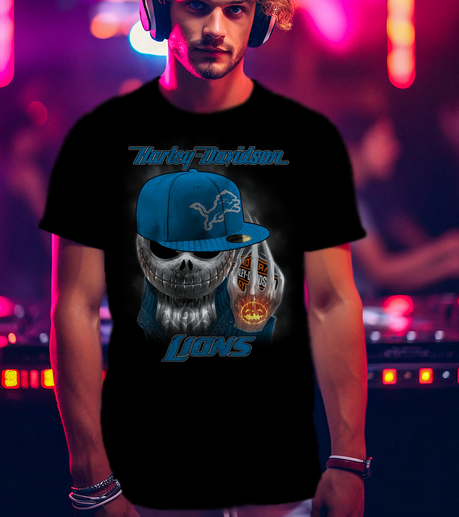 Harley Davidson Detroit Lions Skull With Cap Halloween Pumpkin T-Shirt