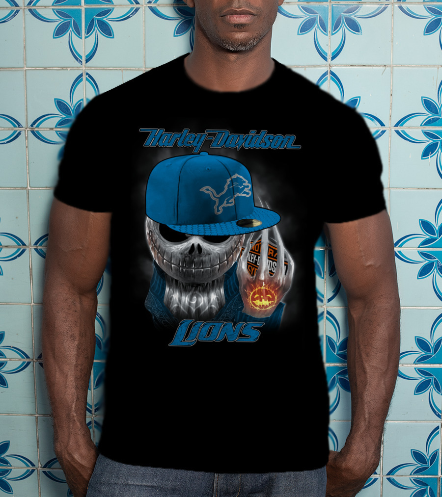 Harley Davidson Detroit Lions Skull With Cap Halloween Pumpkin T-Shirt