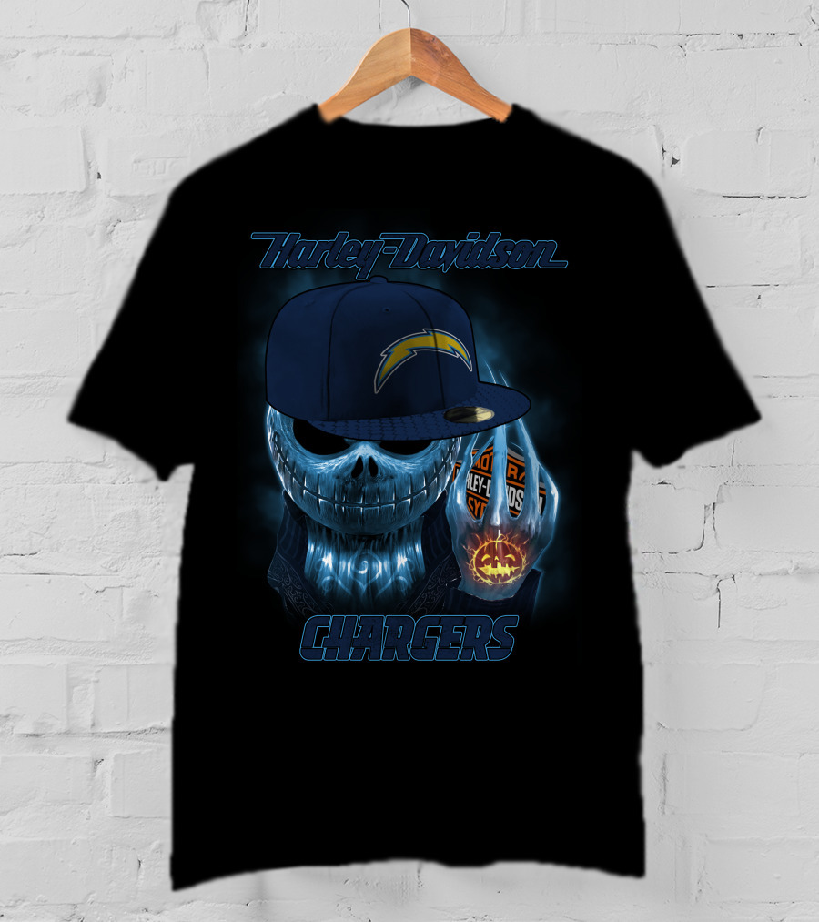 Harley Davidson Los Angeles Chargers Halloween Skeleton With Cap T-Shirt
