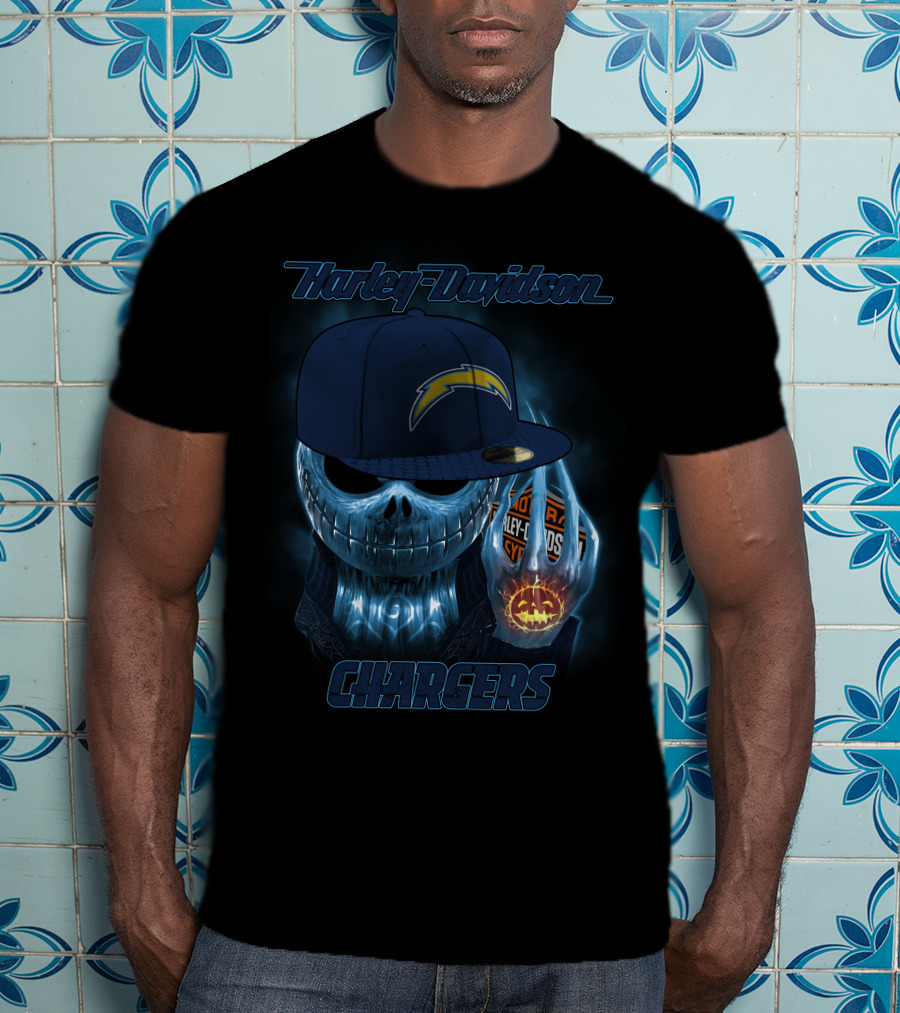 Harley Davidson Los Angeles Chargers Halloween Skeleton With Cap T-Shirt