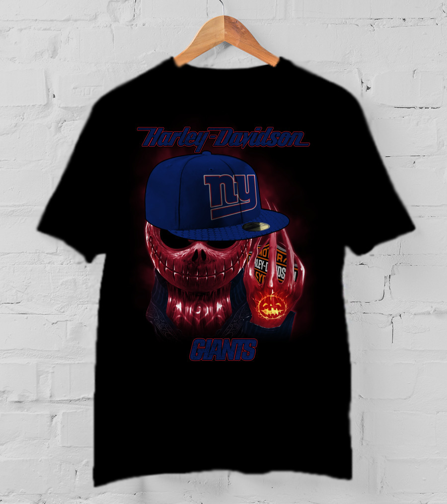 Harley Davidson New York Giants Skull With Cap And Pumpkin Lights T-Shirt
